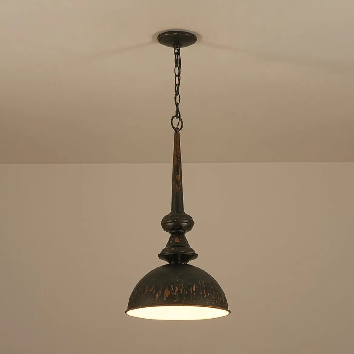 1-Light Shabby Chic Distressed Beige Metal Dome Pendant