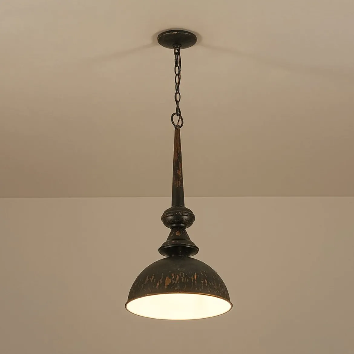 1-Light Shabby Chic Distressed Beige Metal Dome Pendant