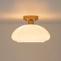 1-Light Shine Opal Glass Round Scalloped Pleated Semi Flush