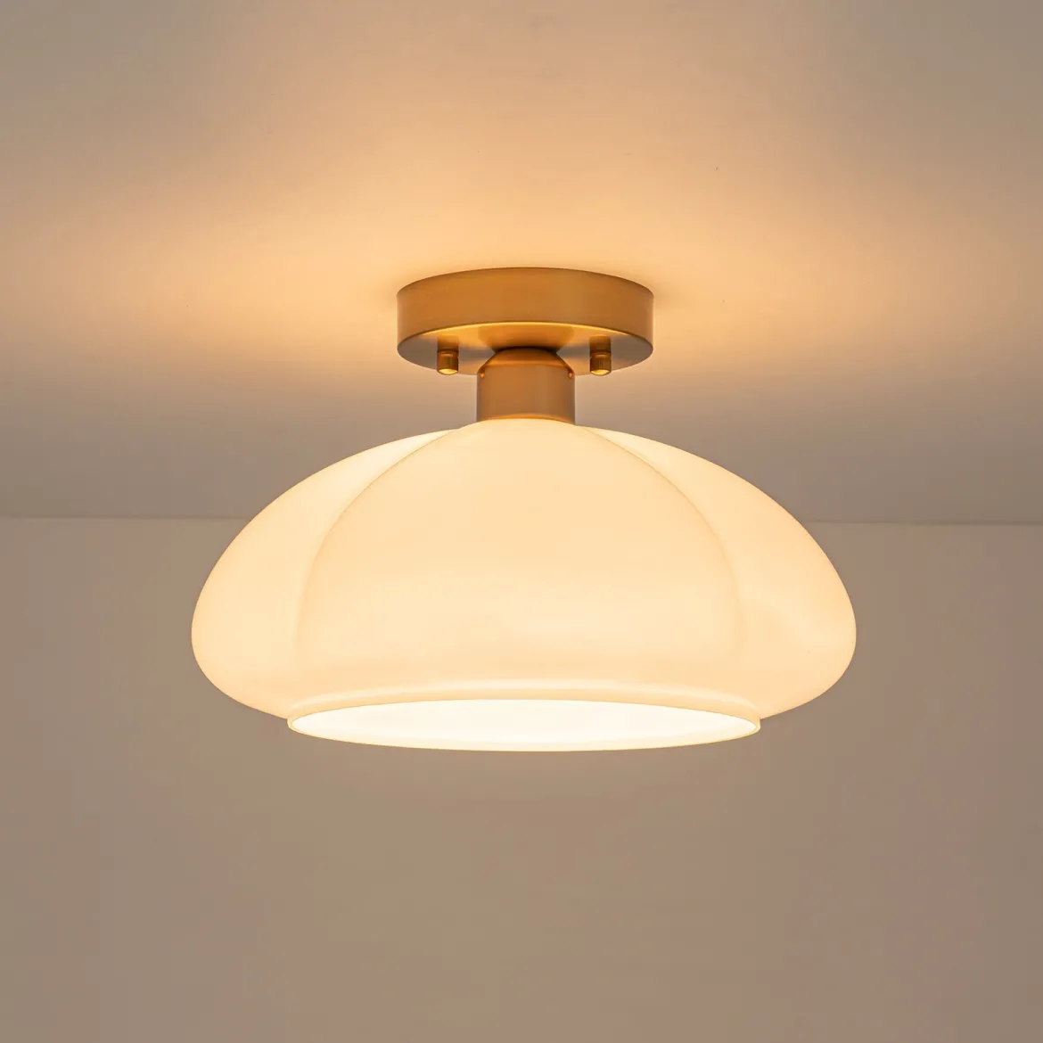 1-Light Shine Opal Glass Round Scalloped Pleated Semi Flush