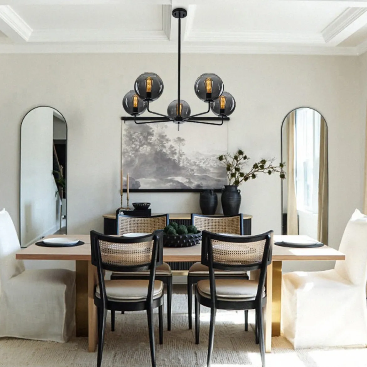 5-Light Smoked Grey Tinted Glass Globe Round Sputnik Chandelier