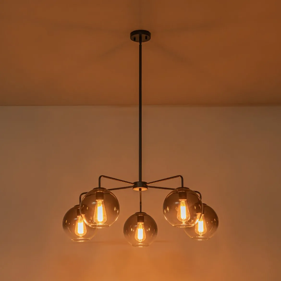 5-Light Smoked Grey Tinted Glass Globe Round Sputnik Chandelier