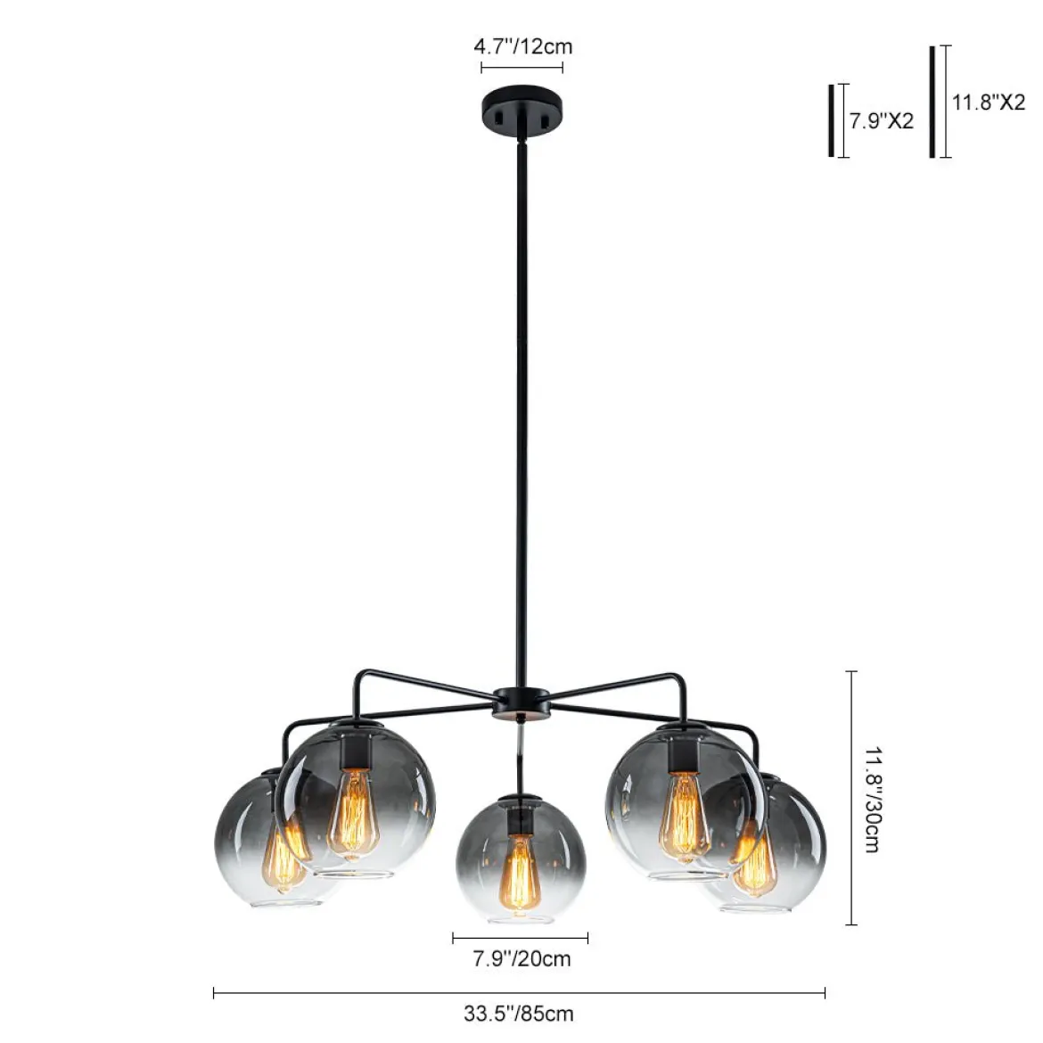 5-Light Smoked Grey Tinted Glass Globe Round Sputnik Chandelier