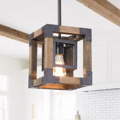 1-Light Square Wood Pendant Light