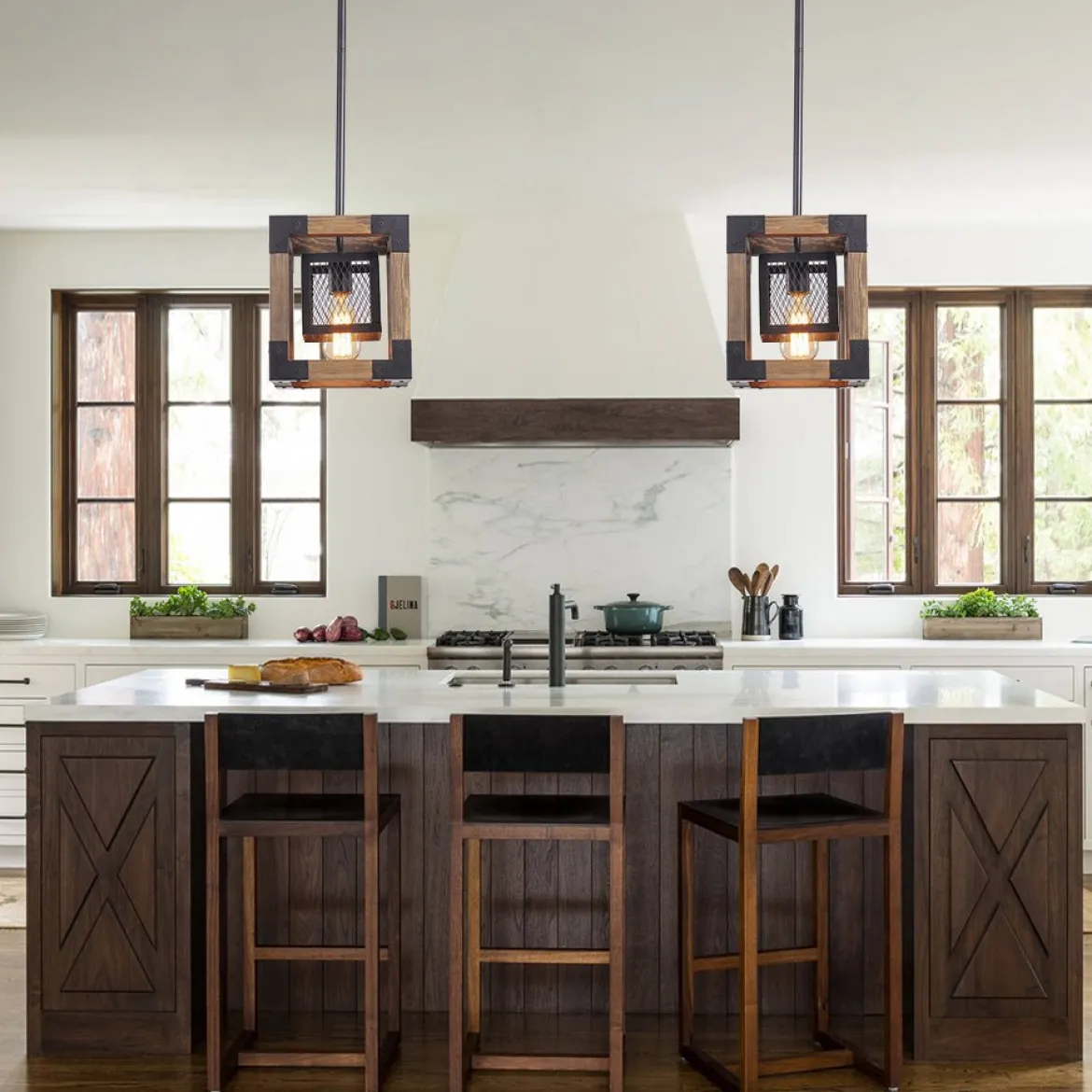 1-Light Square Wood Pendant Light