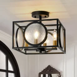 4-light Textured Glass Square Lantern Semi Flush Mount
