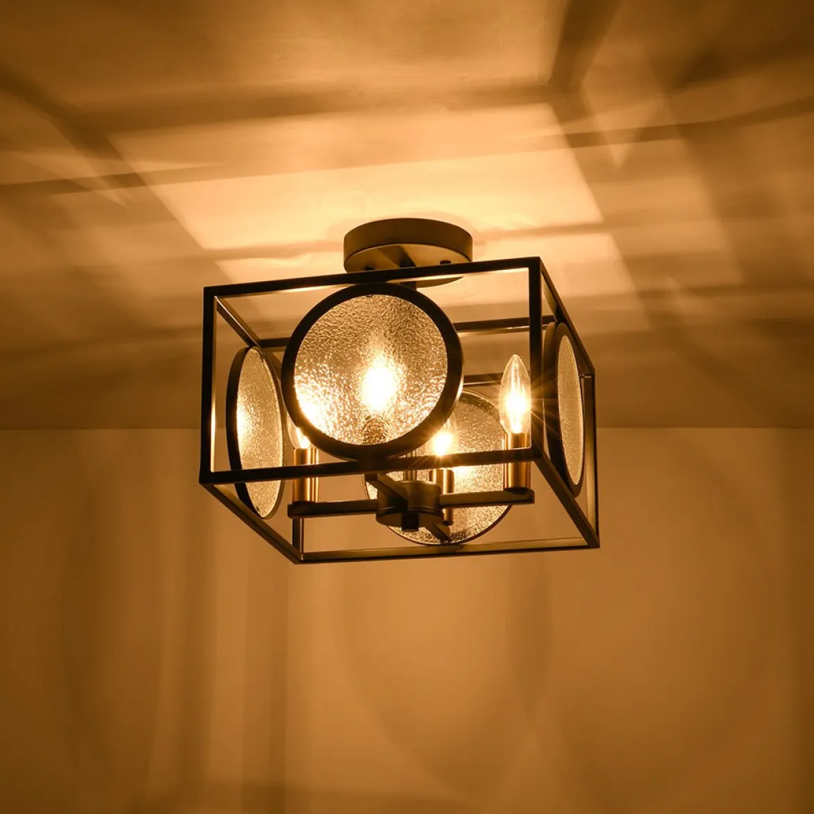 4-light Textured Glass Square Lantern Semi Flush Mount
