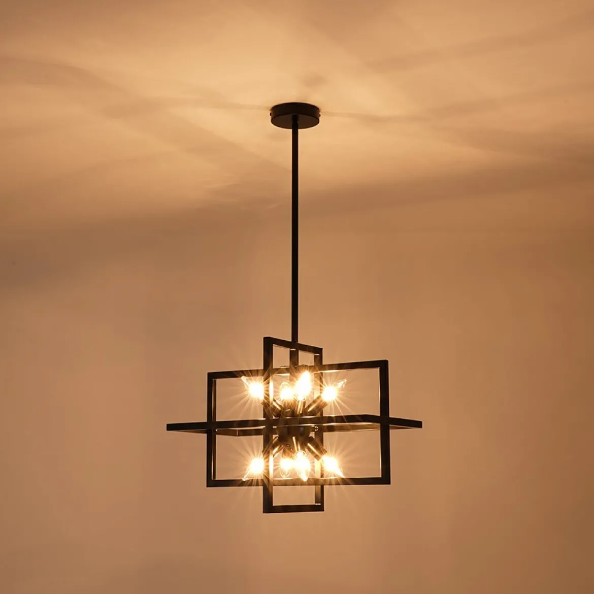 8-Light Vintage Sputnik Black Open Square Lantern Pendant