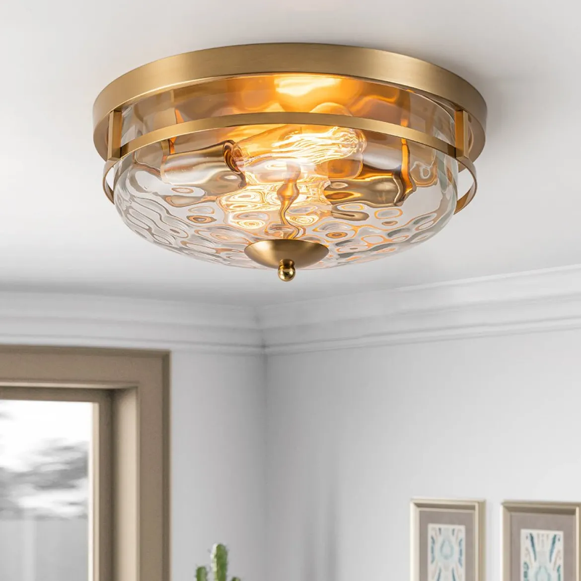 2-Light Water Glass Round Flush Mount Ceiling Light