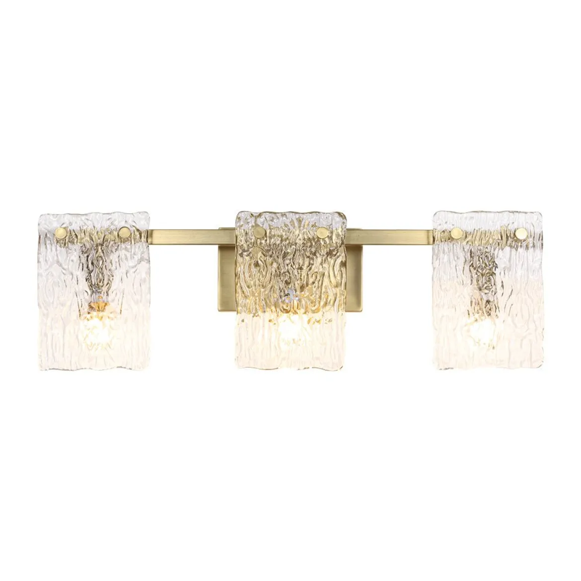 3-Light Water Glass Square Panel Brass Vanity Wall Sconce