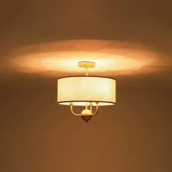 3-Light White Fabric Candle Style Round Drum Cage Pendant