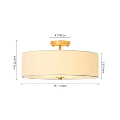 4-Light White Linen Round Drum Brass Semi Flush Mount