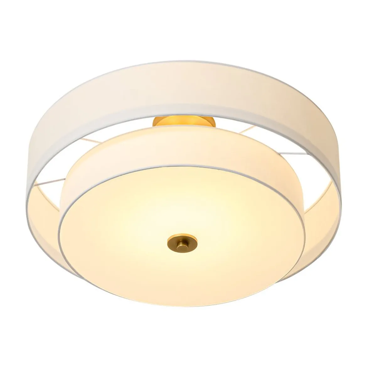 4-Light White Linen Round Drum Brass Semi Flush Mount
