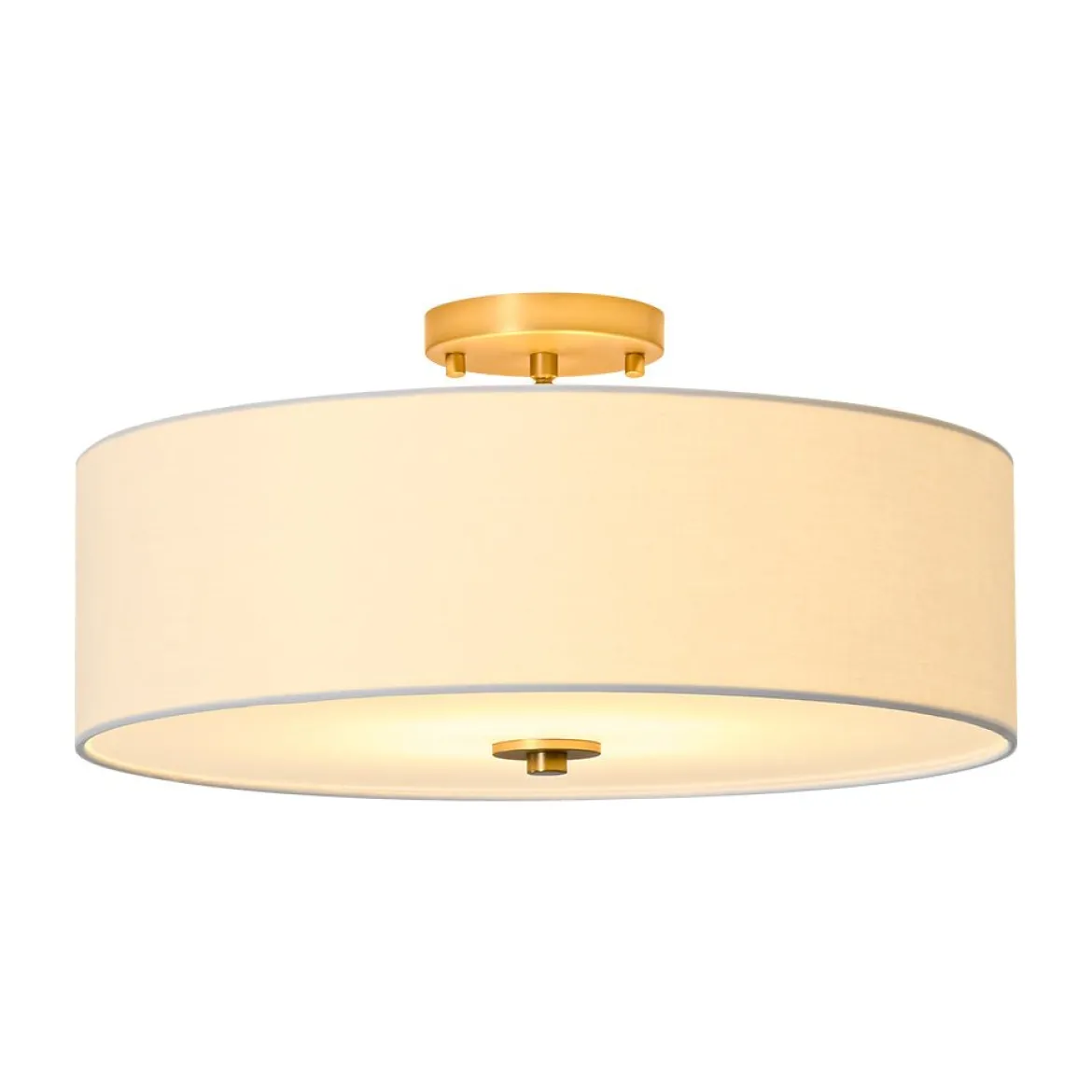 4-Light White Linen Round Drum Brass Semi Flush Mount