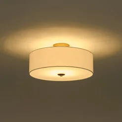4-Light White Linen Round Drum Brass Semi Flush Mount