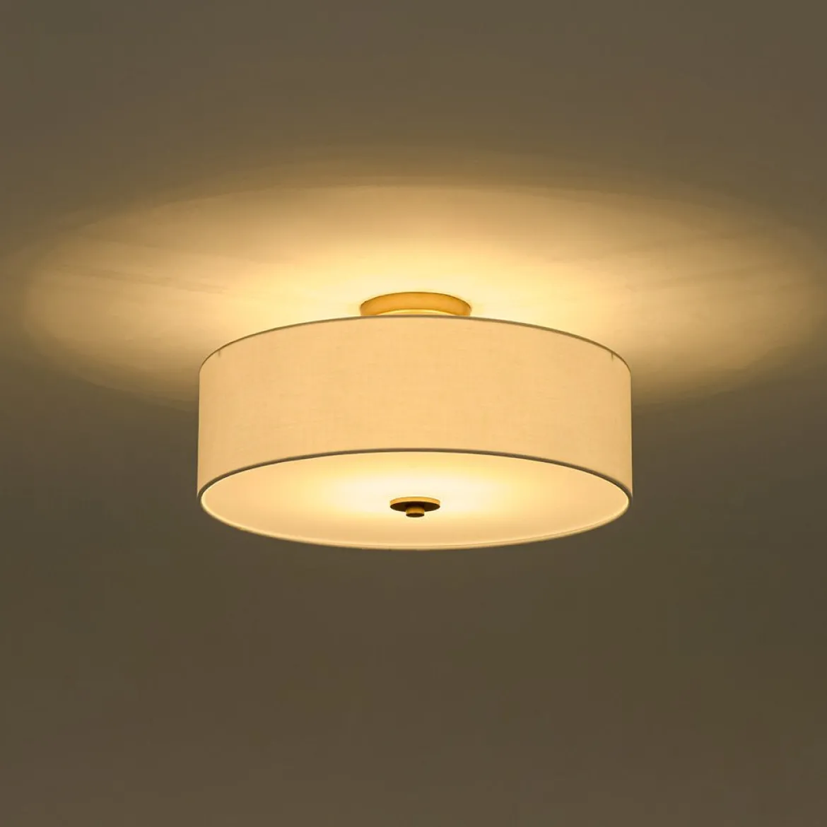4-Light White Linen Round Drum Brass Semi Flush Mount
