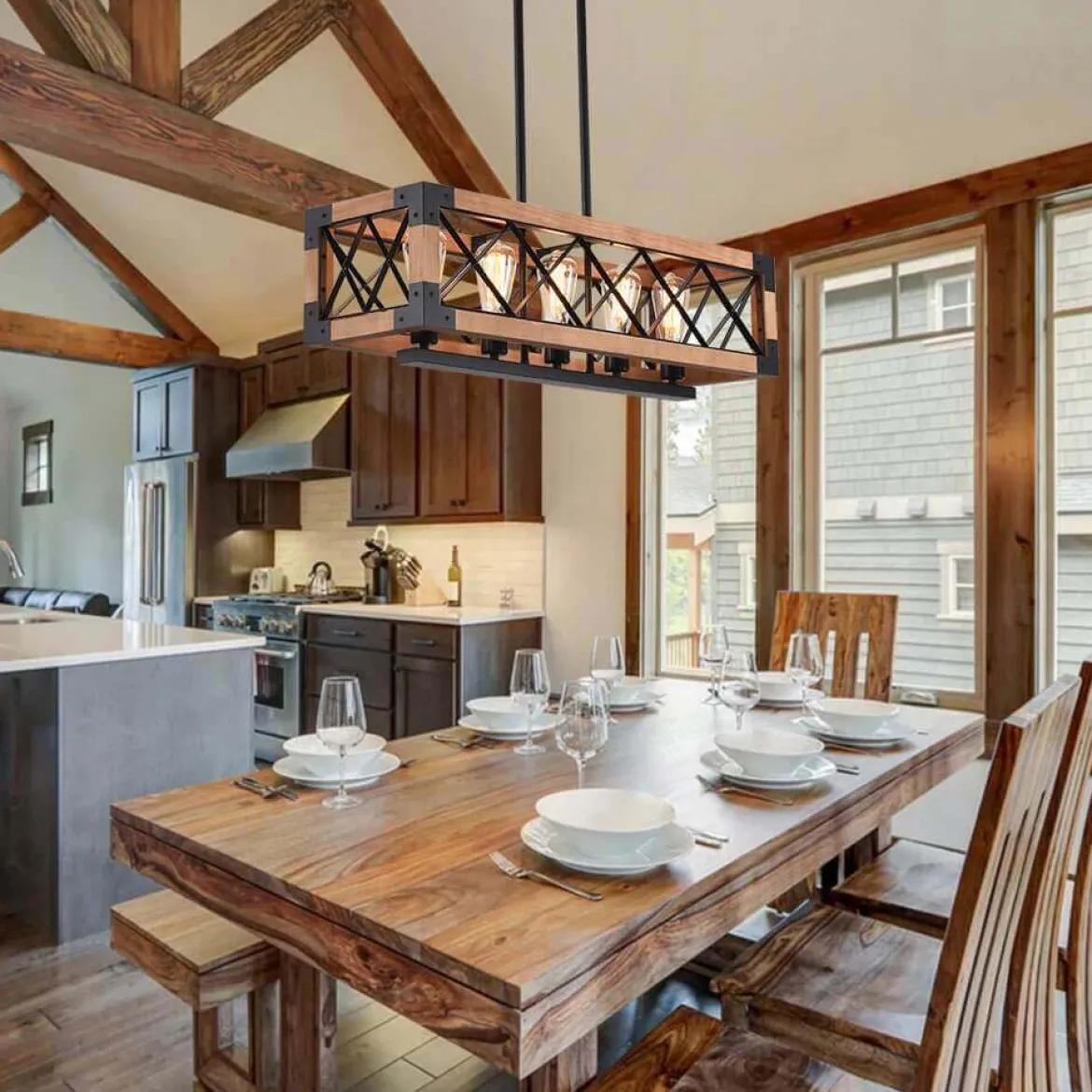 5-Light Wood Box Rectangle Chandelier Modern Farmhouse