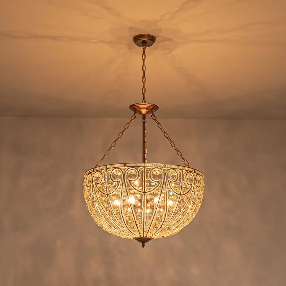 Luxe Moroccan Antique Bronze Crystal Round Cage Chandelier