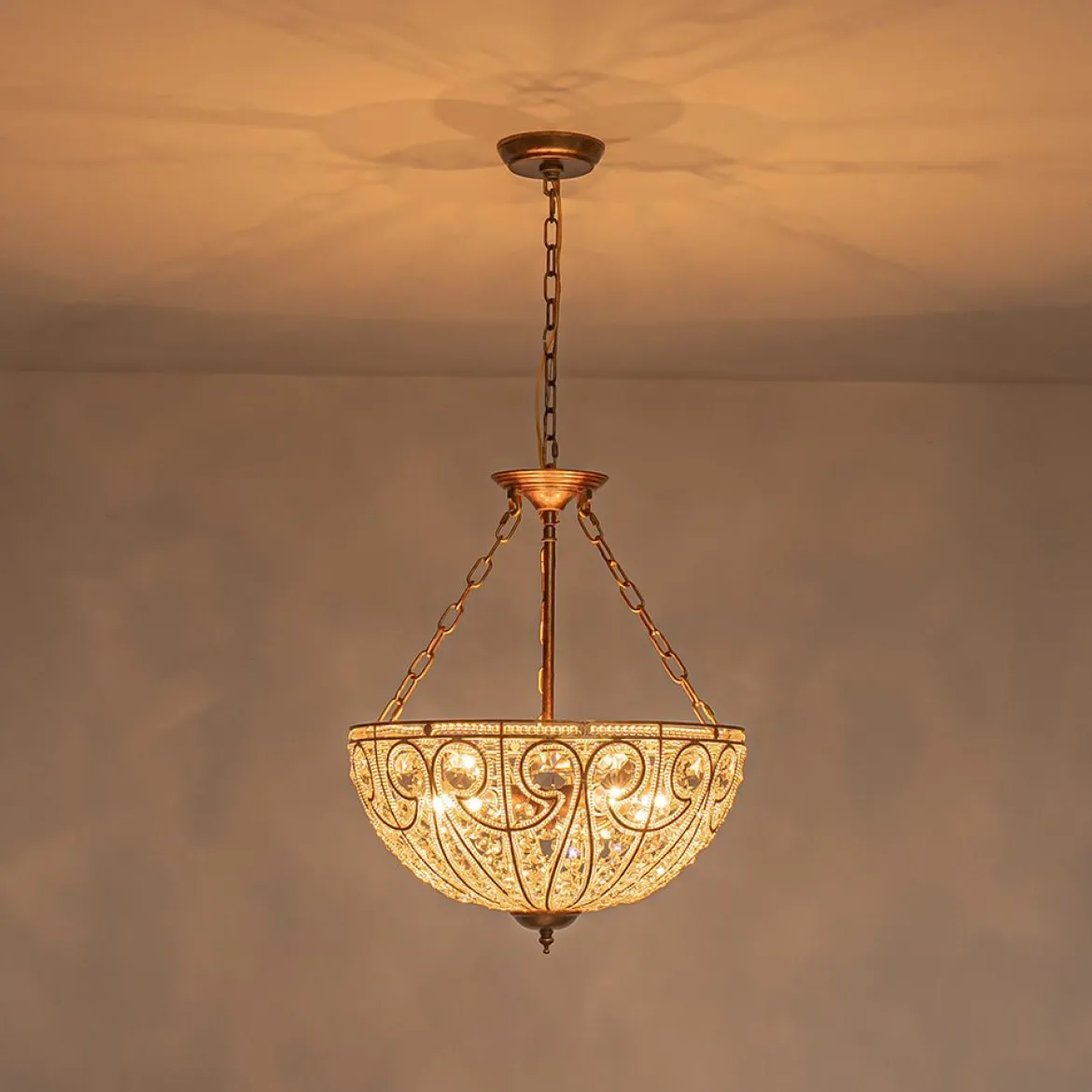 Luxe Moroccan Antique Bronze Crystal Round Cage Chandelier