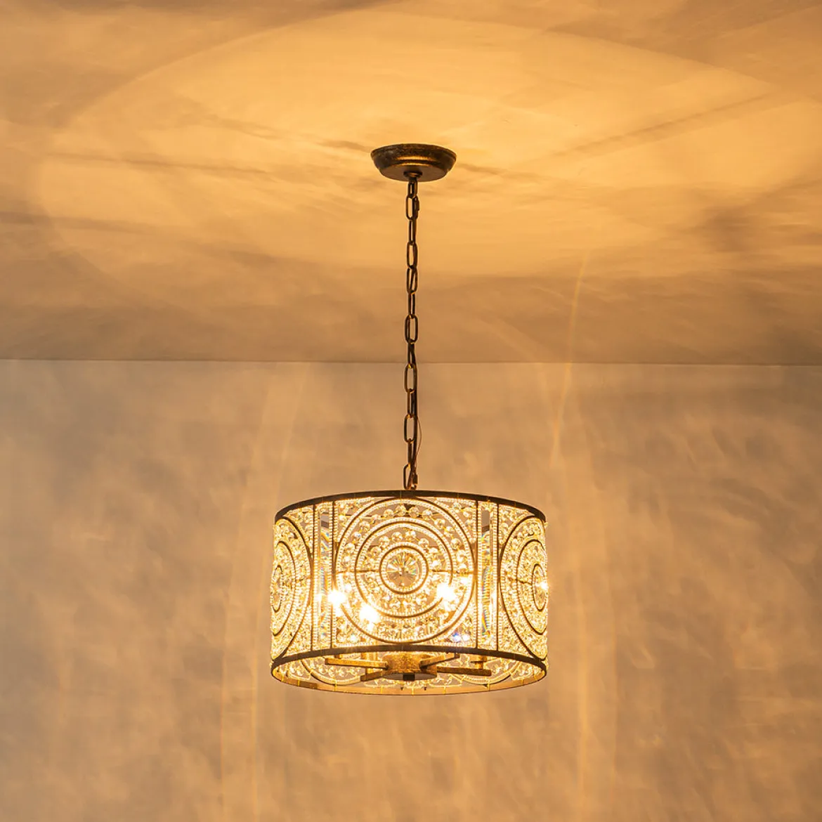 Luxe Moroccan Antique Crystal Drum Cage Chandelier