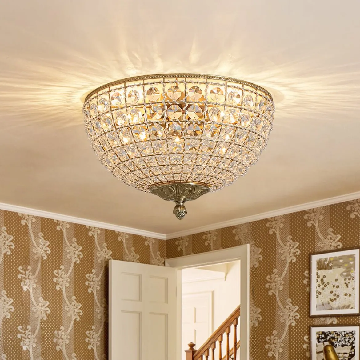 Luxe Vintage French Brass Round Crystal Cage Flush Mount Light
