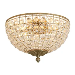 Luxe Vintage French Brass Round Crystal Cage Flush Mount Light