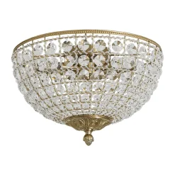 Luxe Vintage French Brass Round Crystal Cage Flush Mount Light