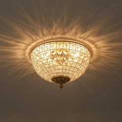 Luxe Vintage French Brass Round Crystal Cage Flush Mount Light