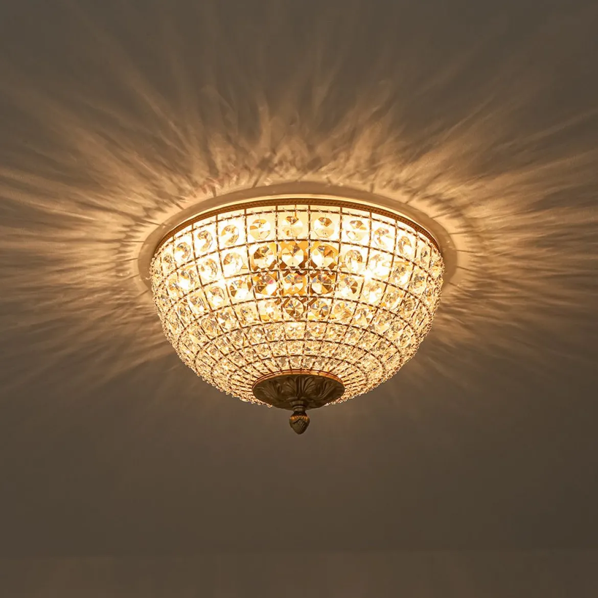 Luxe Vintage French Brass Round Crystal Cage Flush Mount Light