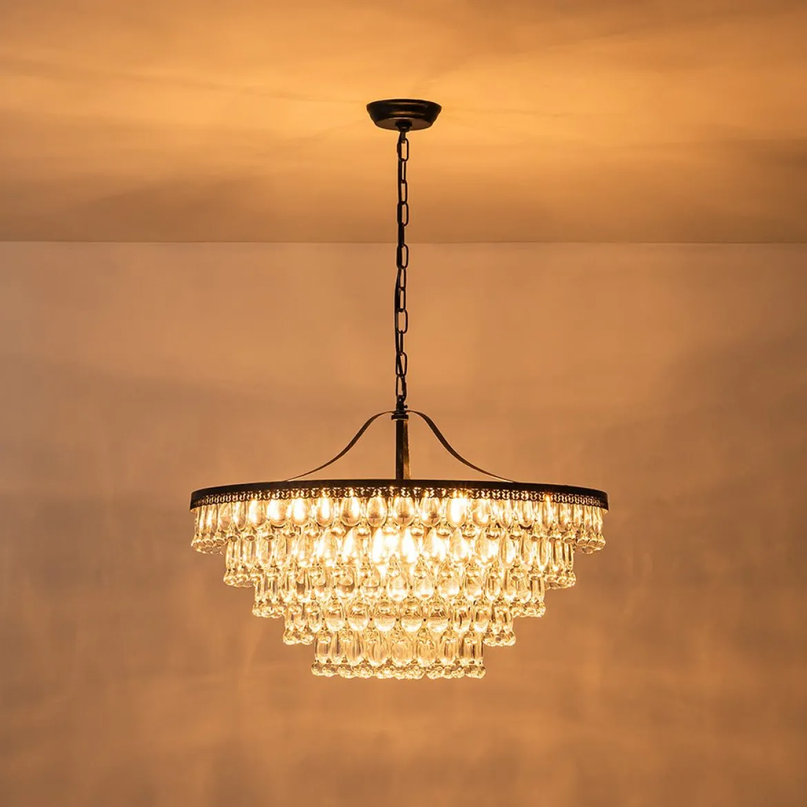 Luxury Glam Tiered Crystal Raindrop Round Chandelier