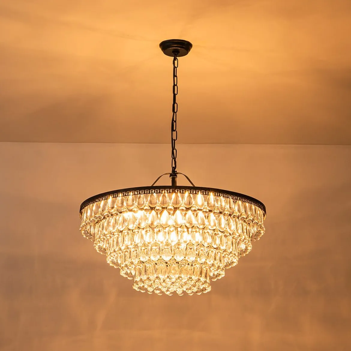 Luxury Glam Tiered Crystal Raindrop Round Chandelier