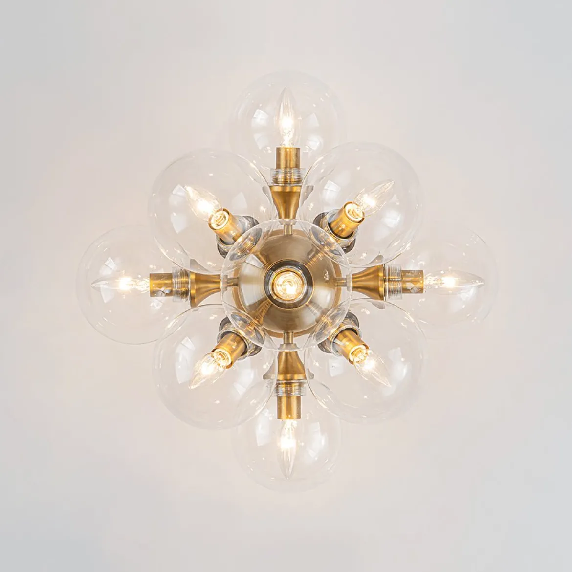 Mid-Century Brass Glass Bubble Tiered Semi Flush Chandelier