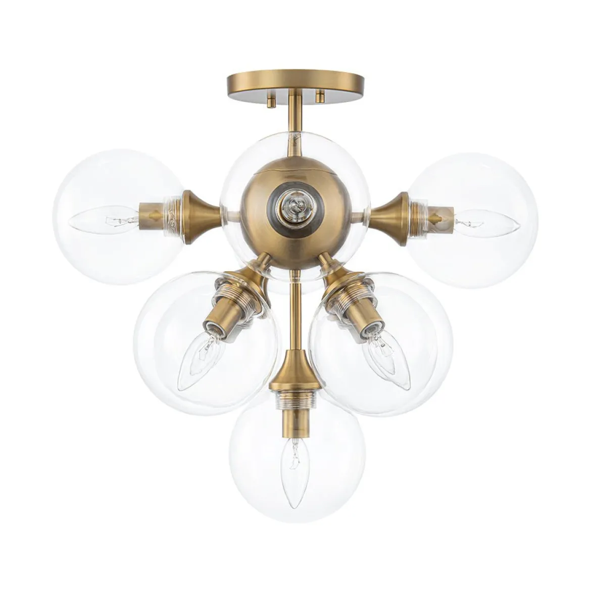 Mid-Century Brass Glass Bubble Tiered Semi Flush Chandelier