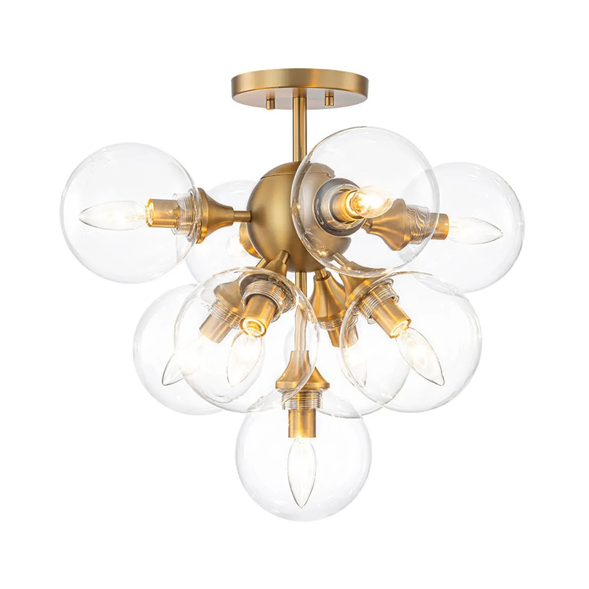 Mid-Century Brass Glass Bubble Tiered Semi Flush Chandelier