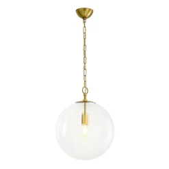 Mid-Century Brass 1-light Clear Reeded Glass Globe Pendant