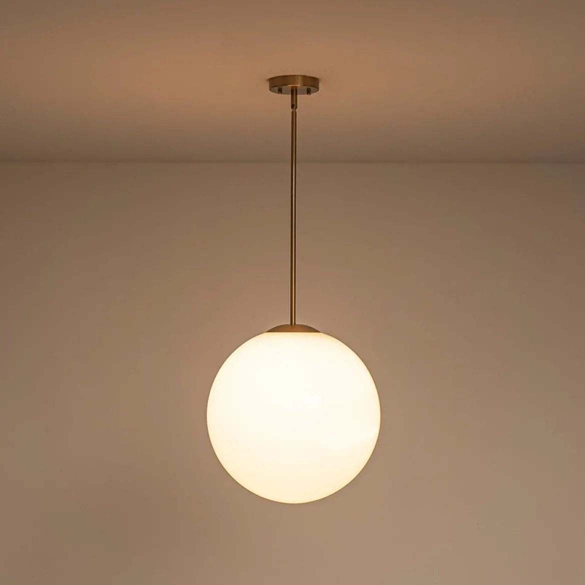 Mid-Century Brass 1-light Shine Opal Glass Globe Pendant