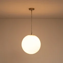 Mid-Century Brass 1-light Shine Opal Glass Globe Pendant