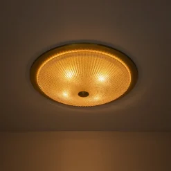 Mid-Century Brass Ribbed Textured Scalloped Glass Flush Mount