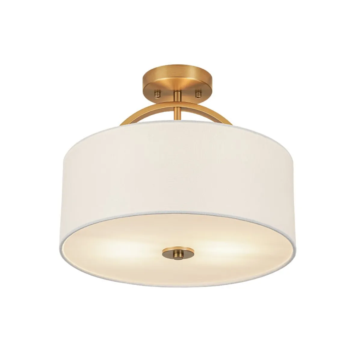 Mid-Century Brass Wide Linen Drum Semi Flush Mount