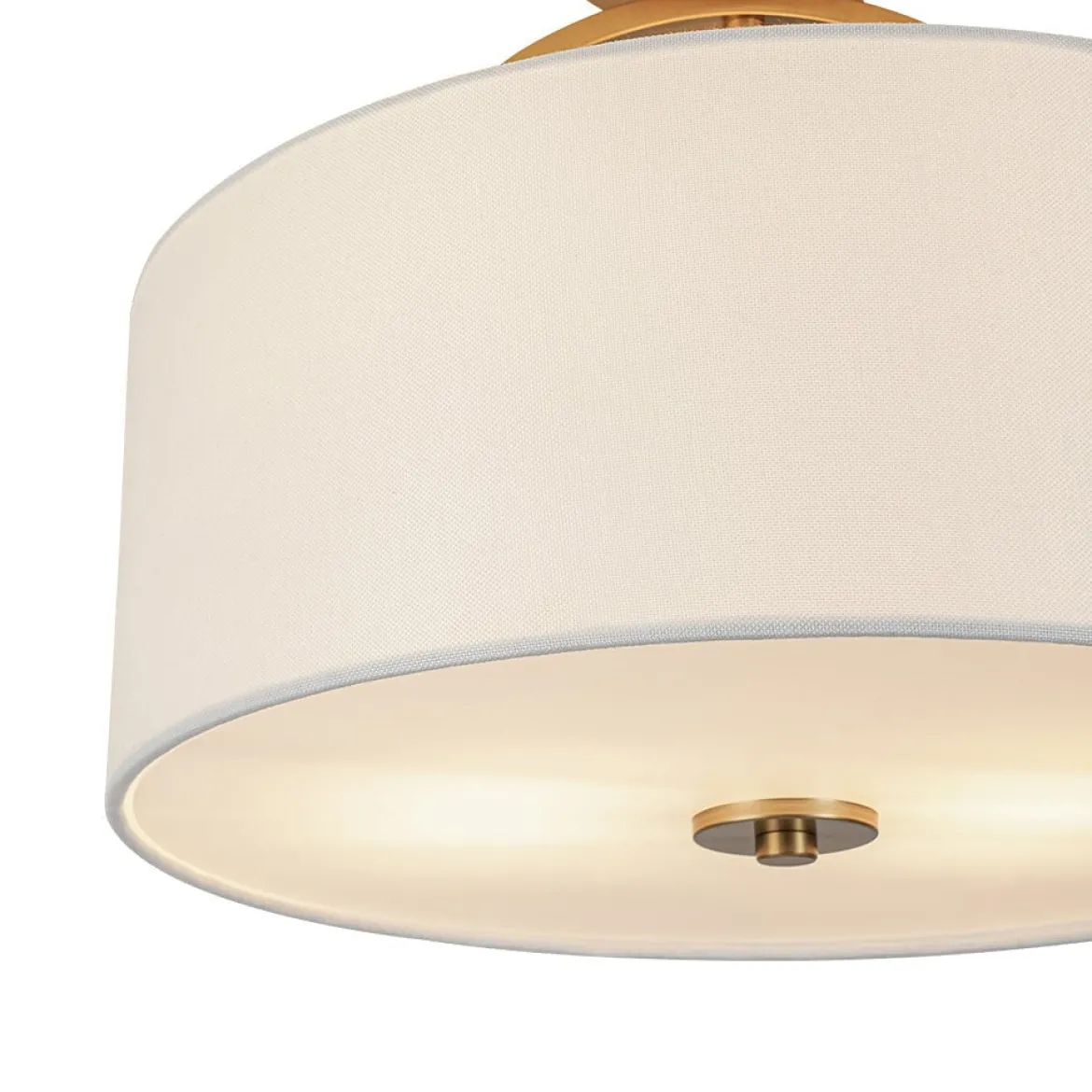 Mid-Century Brass Wide Linen Drum Semi Flush Mount