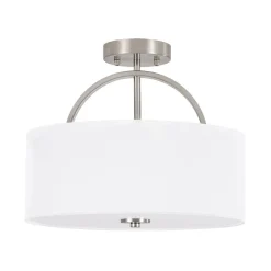 Mid-Century Brass Wide Linen Drum Semi Flush Mount