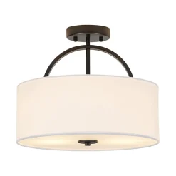 Mid-Century Brass Wide Linen Drum Semi Flush Mount