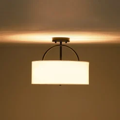 Mid-Century Brass Wide Linen Drum Semi Flush Mount