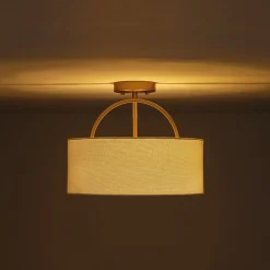 Mid-Century Brass Wide Linen Drum Semi Flush Mount