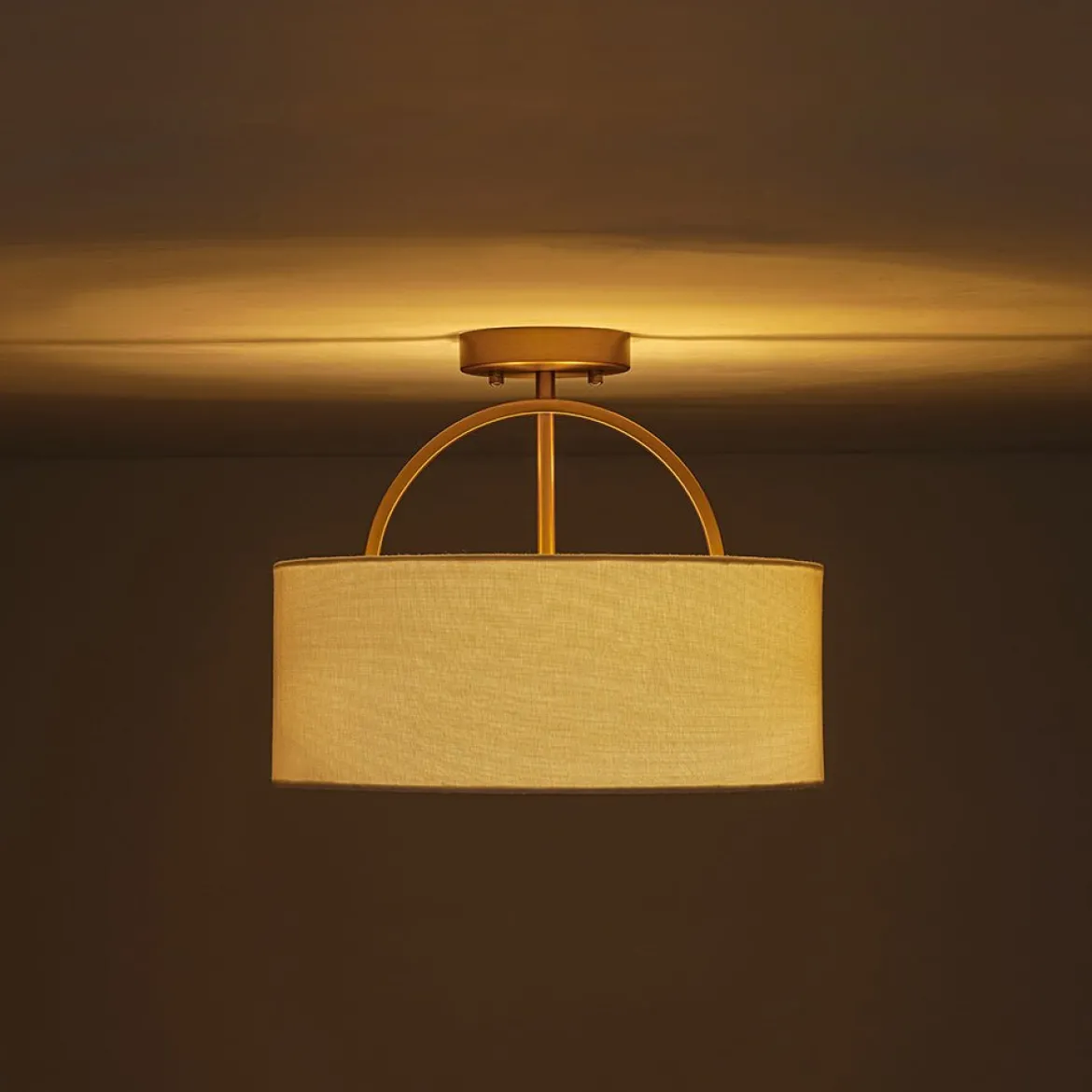 Mid-Century Brass Wide Linen Drum Semi Flush Mount