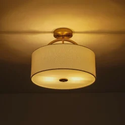 Mid-Century Brass Wide Linen Drum Semi Flush Mount