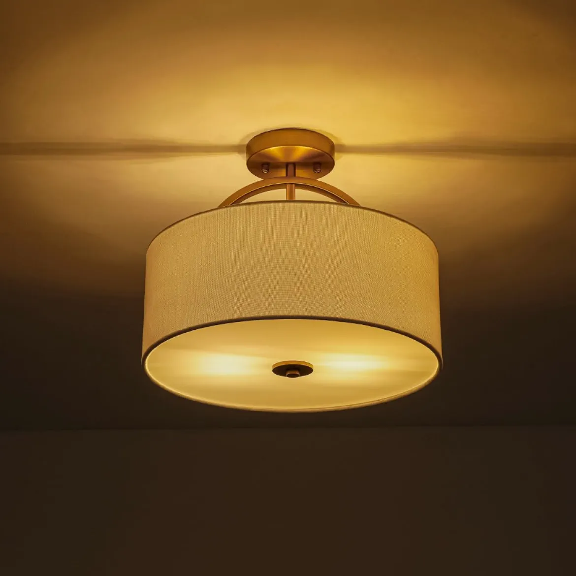 Mid-Century Brass Wide Linen Drum Semi Flush Mount