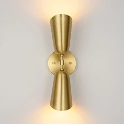 Mid-Century Brushed Brass 2-Light Up Down Dual Cone Wall Lamp