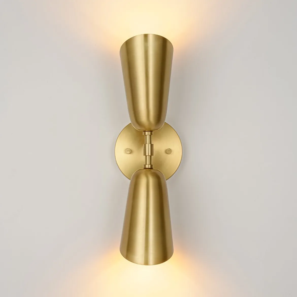 Mid-Century Brushed Brass 2-Light Up Down Dual Cone Wall Lamp
