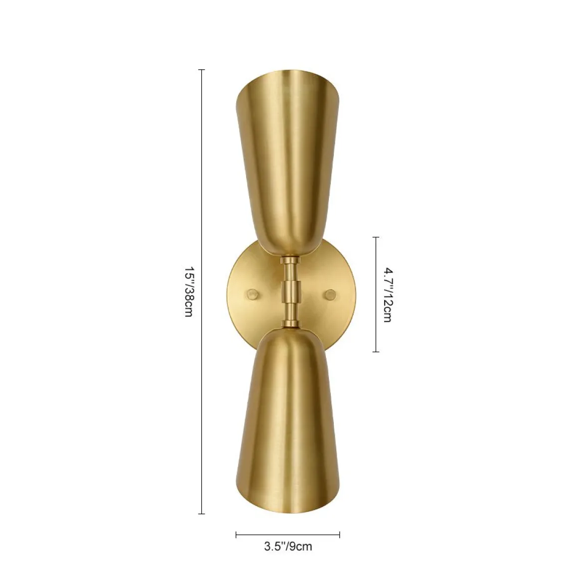 Mid-Century Brushed Brass 2-Light Up Down Dual Cone Wall Lamp